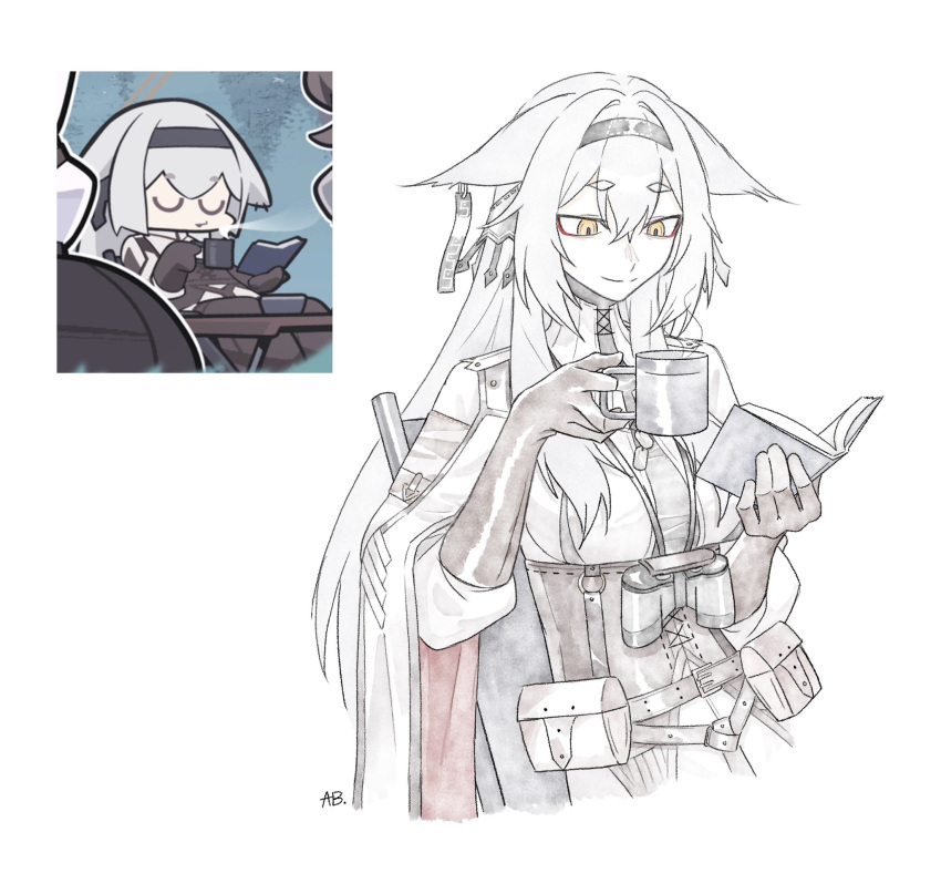 1girl, animal_ears, belt_pouch, binoculars, biscuitaart, book, callsign:_cedar, closed_mouth