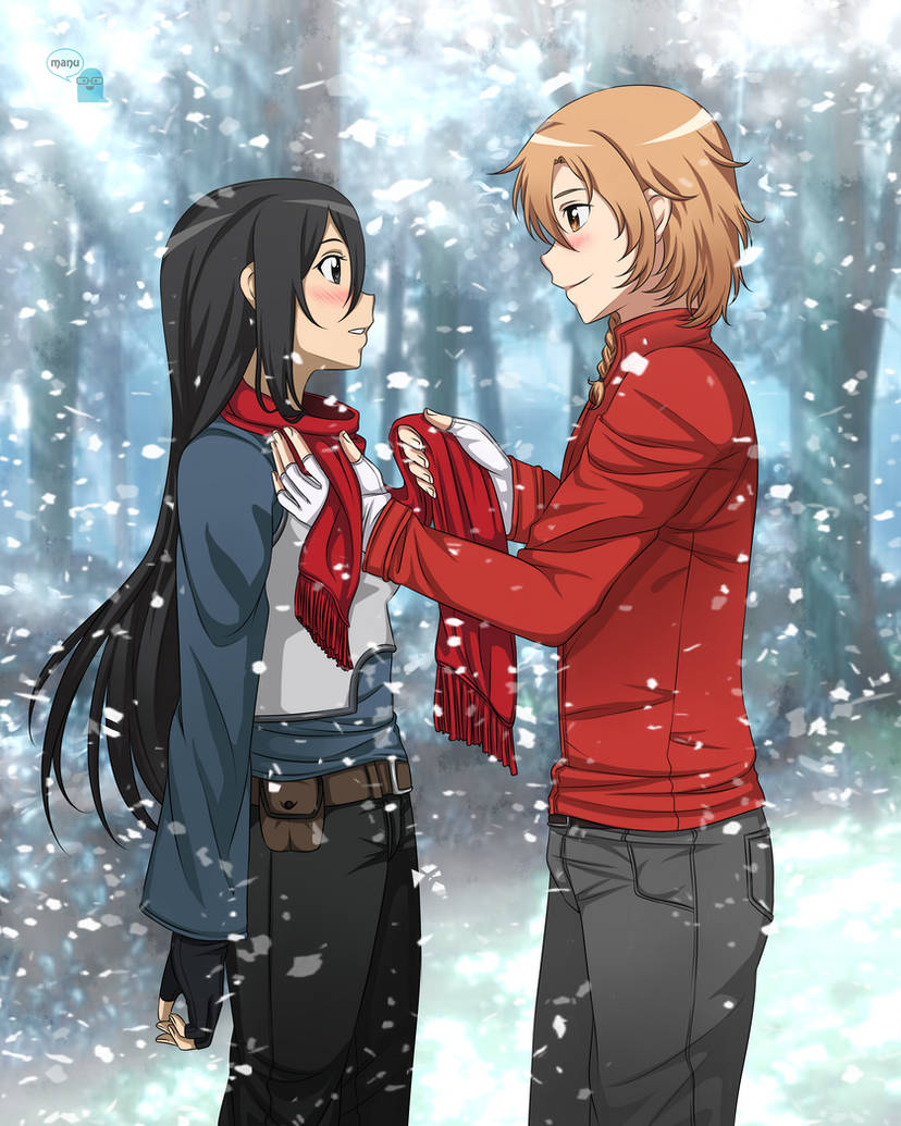 1boy, 1girl, asuna_(sao), black_eyes, black_gloves, black_hair, black_pants, brown_eyes, brown_hair, coat, commentary, commission, english_commentary, genderswap, genderswap_(ftm), genderswap_(mtf), genderswap_on_genderswap, gloves, kirito, manu-chann, pants, red_scarf, scarf, snow, sword_art_online, winter, winter_clothes, winter_coat, winter_uniform
