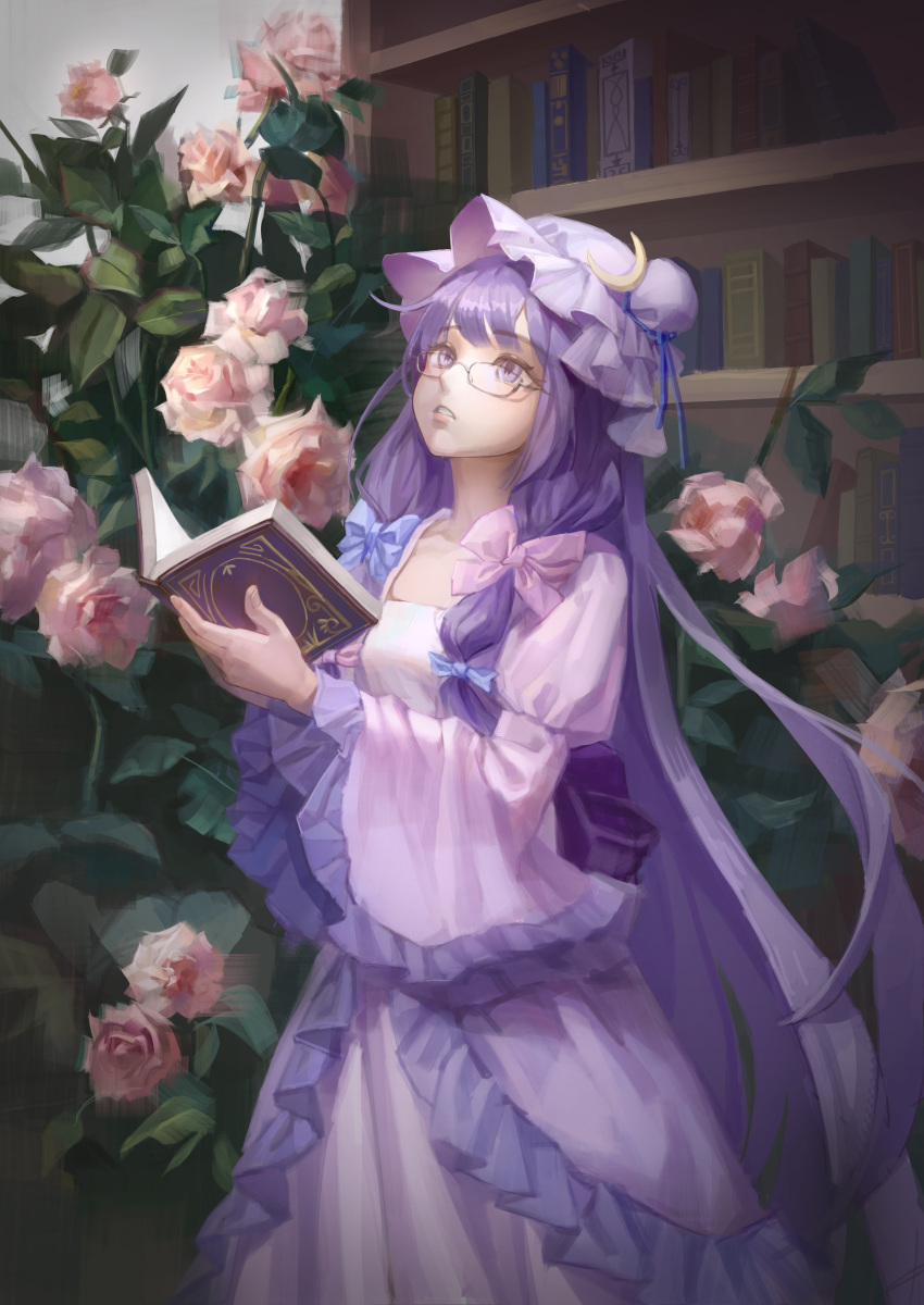 1girl, absurdres, bespectacled, bing_guo, blue_bow, book, bookshelf, bow