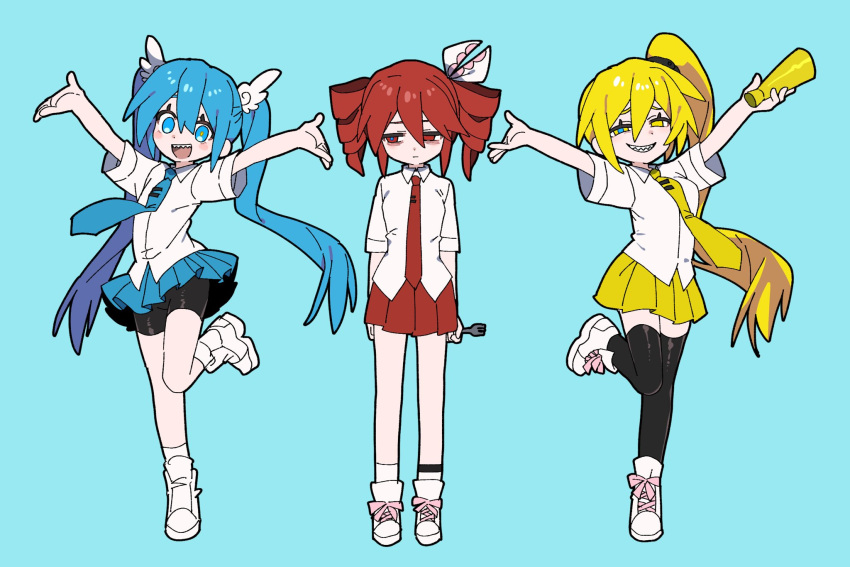 3girls, :d, akita_neru, arms_at_sides, baumkuchen_endroll_(vocaloid), bike_shorts, black_shorts, black_thighhighs