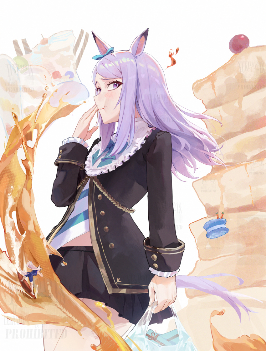 2girls, animal_ears, aqua_bow, bag, black_jacket, black_skirt, blue_one-piece_swimsuit, blush