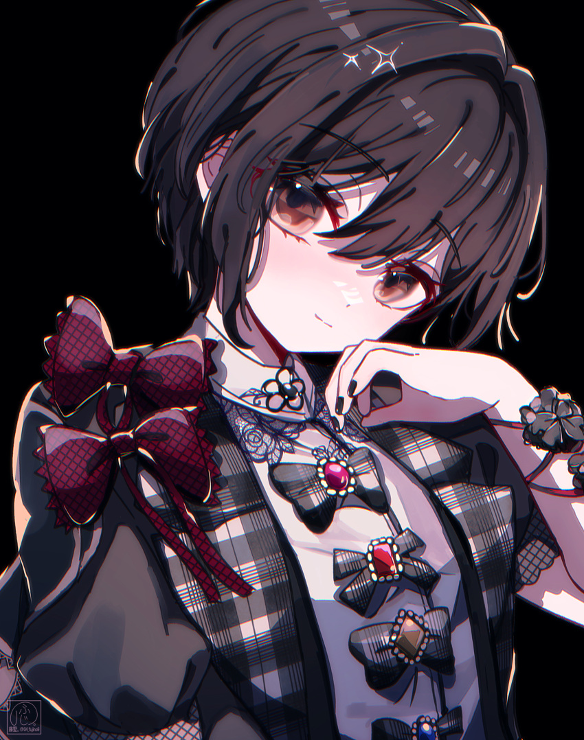 04_fujino9, 1girl, absurdres, artist_logo, black_background, black_bow, black_flower, black_jacket, black_nails, blue_gem, bow, bowtie, brown_eyes, brown_gem, brown_hair, closed_mouth, collared_shirt, commentary, costume_request, dot_nose, double-parted_bangs, fingernails, fishnets, floral_print, flower, frilled_bowtie, gem, hair_between_eyes, hand_up, head_tilt, highres, jacket, lace_trim, lapels, light_smile, logo, looking_at_viewer, nail_polish, notched_lapels, official_alternate_hairstyle, pink_gem, plaid_bow, plaid_clothes, project_sekai, puffy_short_sleeves, puffy_sleeves, red_bow, red_bowtie, red_gem, rose_print, shinonome_ena, shirt, short_hair, short_sleeves, simple_background, solo, split_mouth, take_the_best_shot!_(project_sekai), upper_body, white_shirt