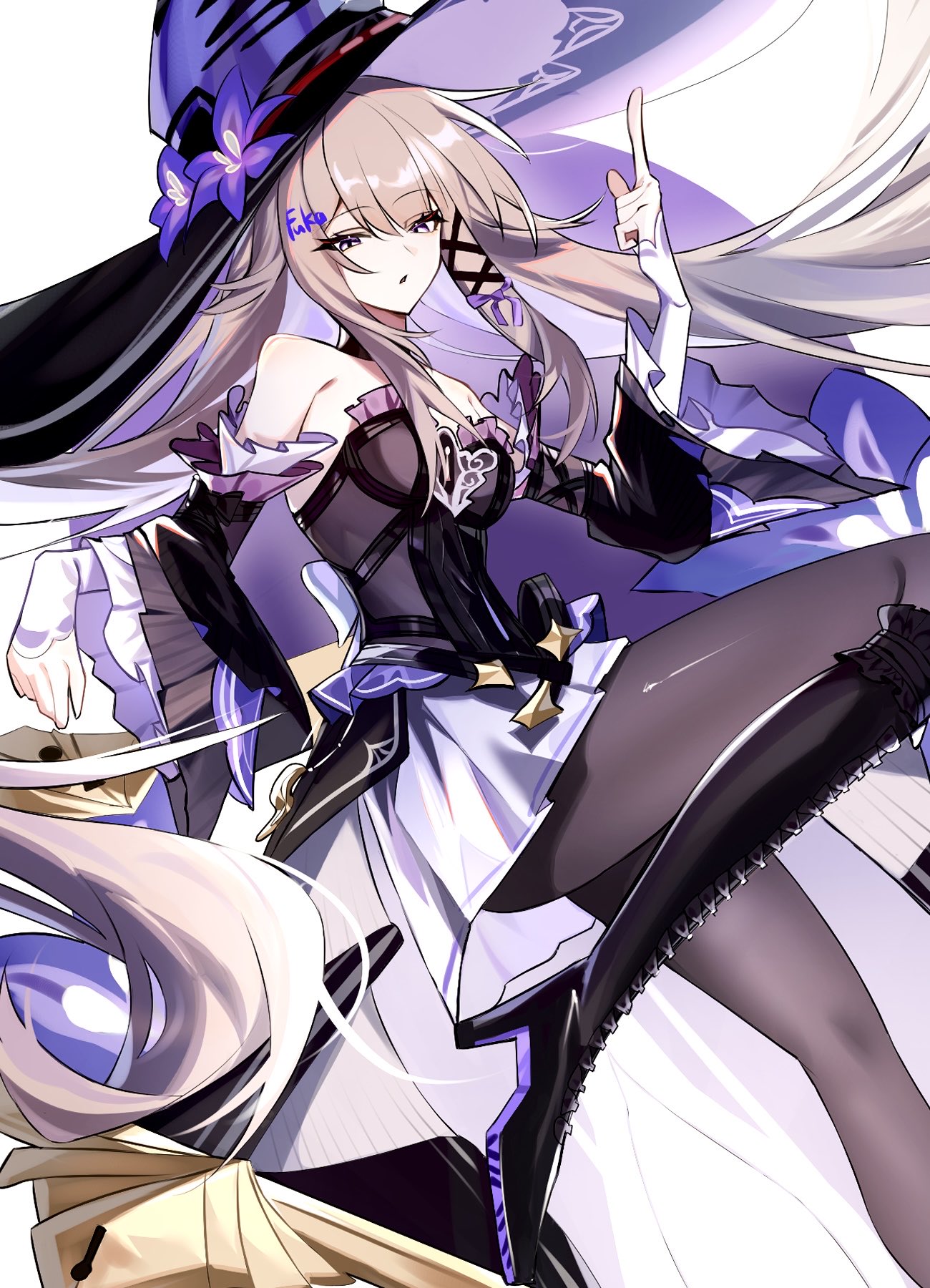 1girl, bare_shoulders, black_boots, black_hat, boots, breasts, detached_sleeves, fukafuka_ekaki