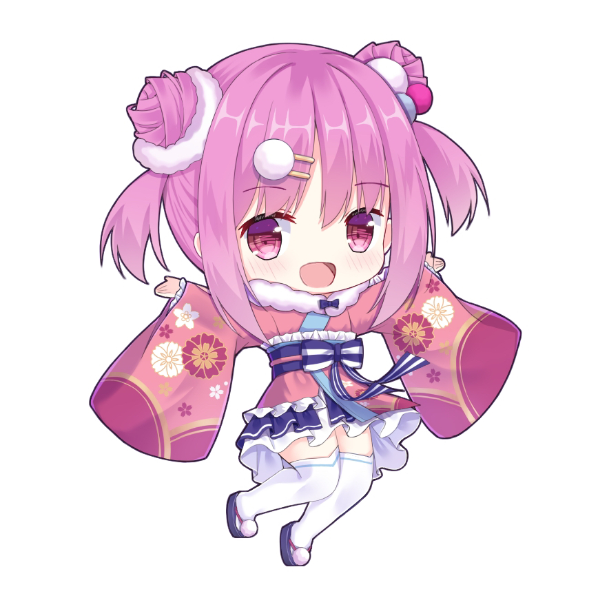 1girl, :d, blue_sash, blue_skirt, blush, cherry_blossom_print, chibi, chibi_only