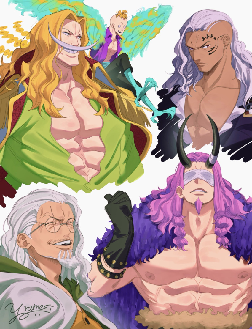5boys, armlet, asymmetrical_hair, black_gloves, blindfold, blonde_hair, braid, braided_sidelocks