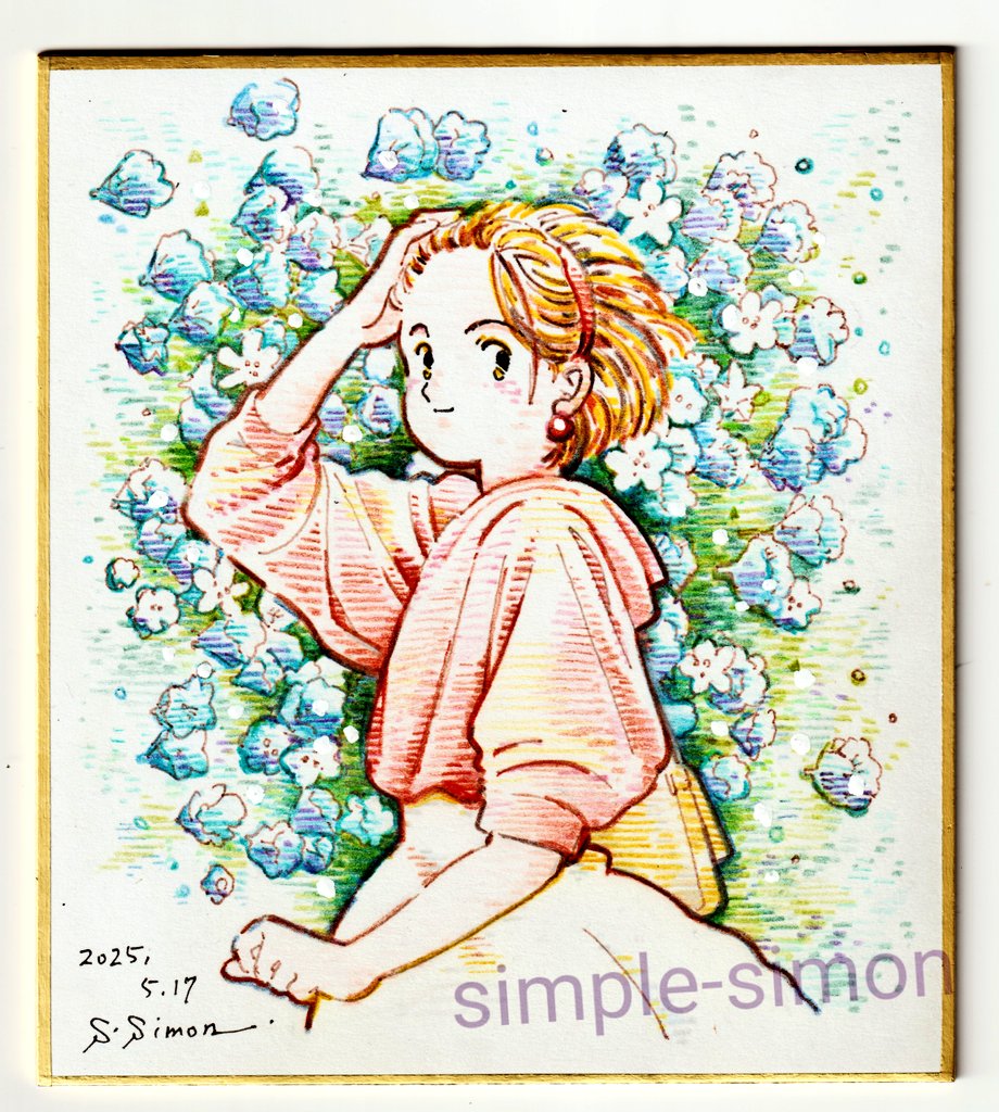 1girl, arm_up, artist_name, bangs_pinned_back, blue_flower, brown_eyes, brown_hair, closed_mouth