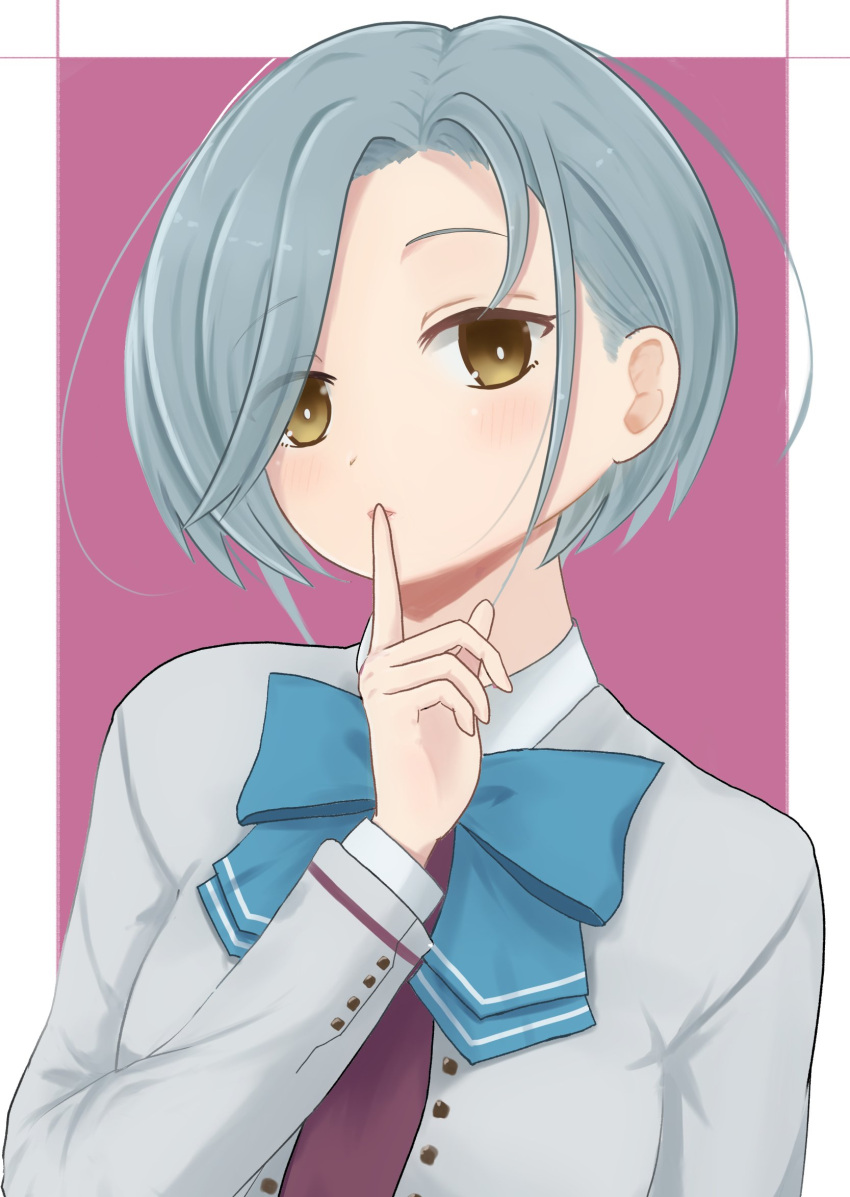 1girl, aqua_bow, aqua_bowtie, blazer, bow, bowtie, commentary_request, dress
