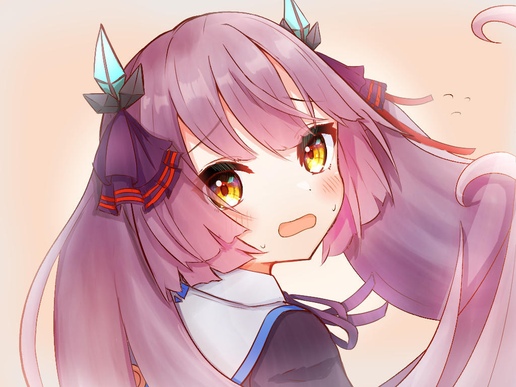 1girl, blunt_bangs, blunt_ends, blush, collared_shirt, commentary, fake_horns, floating_hair