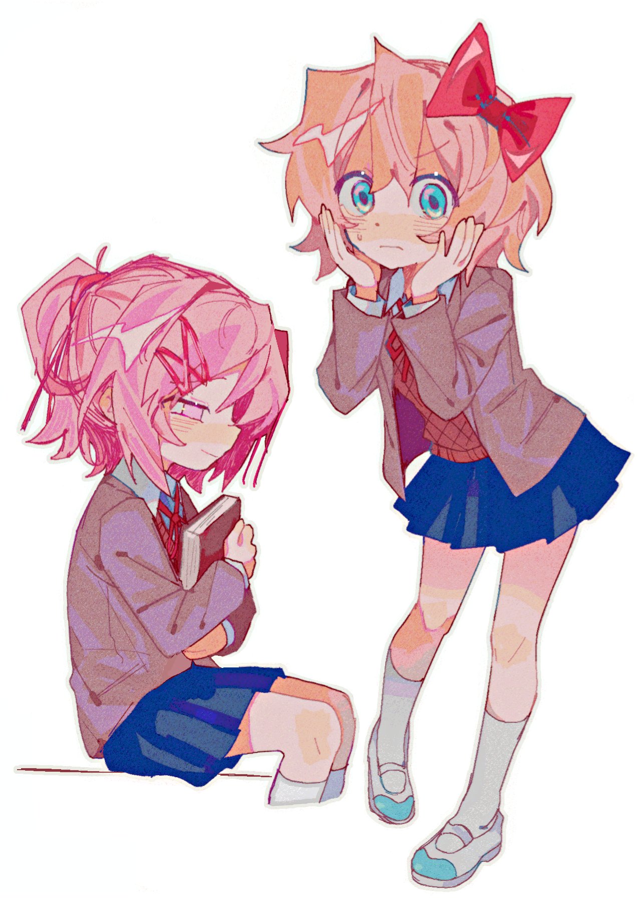2girls, blue_eyes, blue_skirt, blush, bow, brown_vest, closed_mouth, doki_doki_literature_club, doki_doki_literature_club_school_uniform, full_body, grey_jacket, hair_bow, hands_on_own_cheeks, hands_on_own_face, highres, invisible_chair, jacket, kneehighs, looking_at_viewer, miniskirt, multiple_girls, natsuki_(doki_doki_literature_club), neck_ribbon, open_clothes, open_jacket, pink_eyes, pink_hair, red_bow, red_ribbon, ribbon, sayori_(doki_doki_literature_club), school_uniform, short_hair, sidelocks, sillon3, simple_background, sitting, skirt, socks, vest, white_background, white_socks
