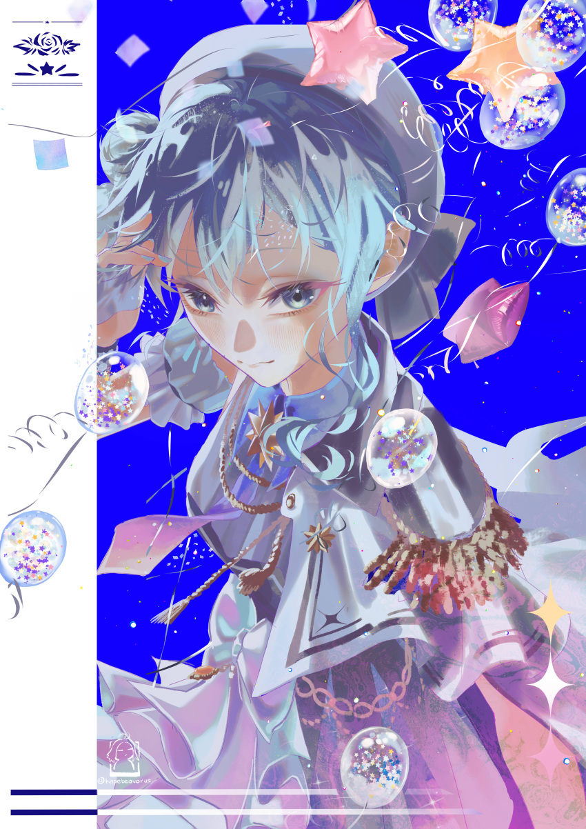 1girl, absurdres, blue_background, blue_eyes, blue_hair, blush, bow, breasts