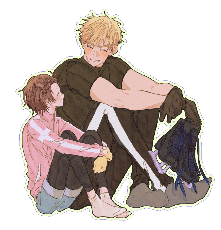 1boy, 1girl, ^_^, akeuraji_tsukasa, black_gloves, black_leggings, black_pants, black_shirt