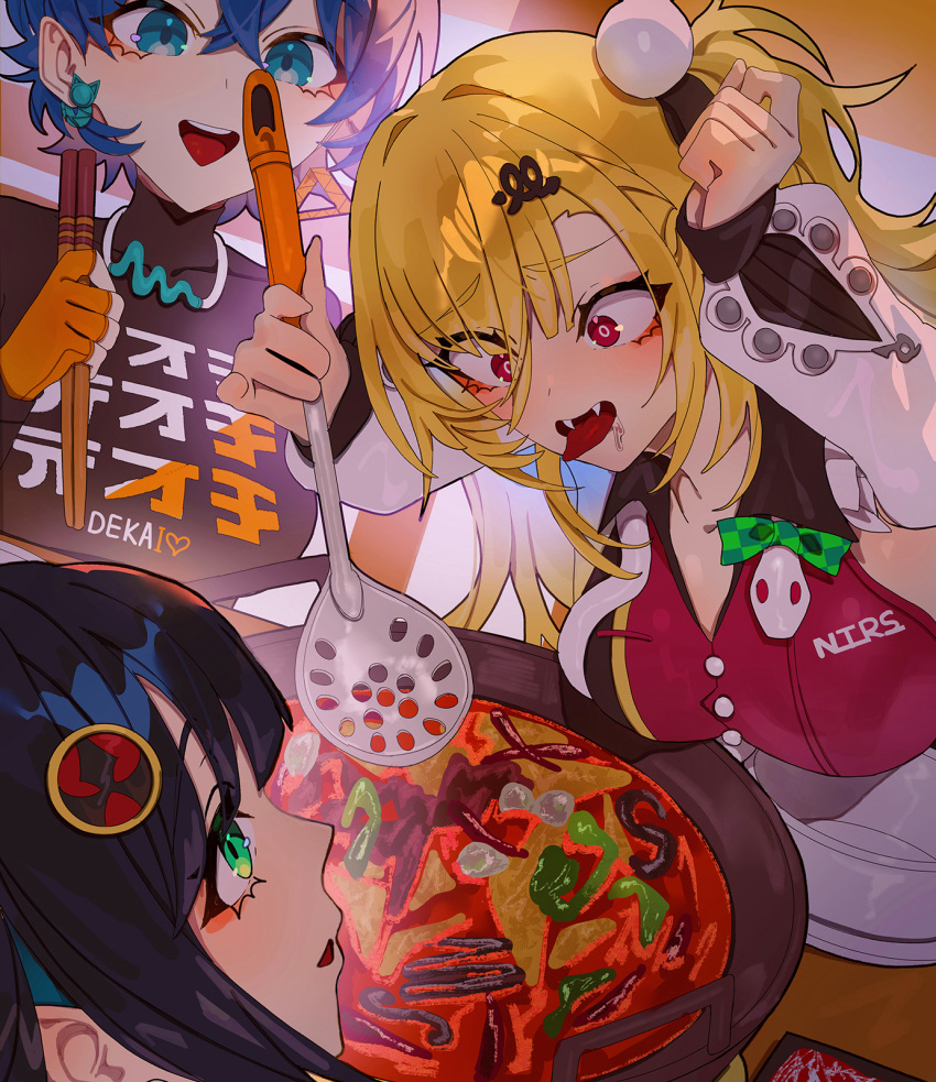 3girls, belle_(zenless_zone_zero), black_hair, blaze_(zenless_zone_zero), blonde_hair, blue_eyes, blue_hair, breasts