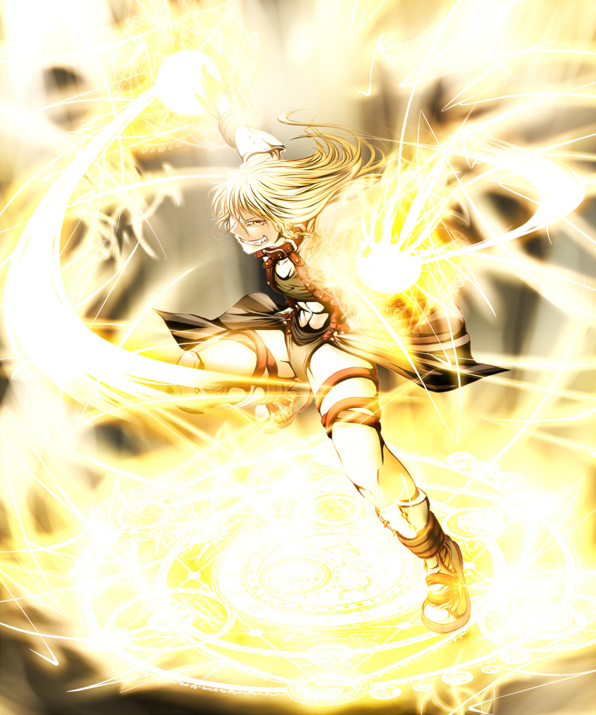 alternate_costume, bare_shoulders, bastard!!, blonde_hair, boots, bow, braid, fang