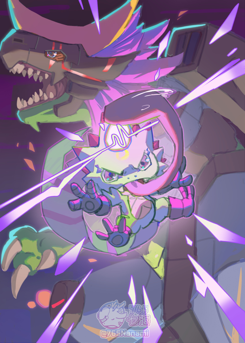 765_nanami, absurdres, arm_cannon, blue_eyes, commentary_request, cyborg, digimon, digimon_(creature)