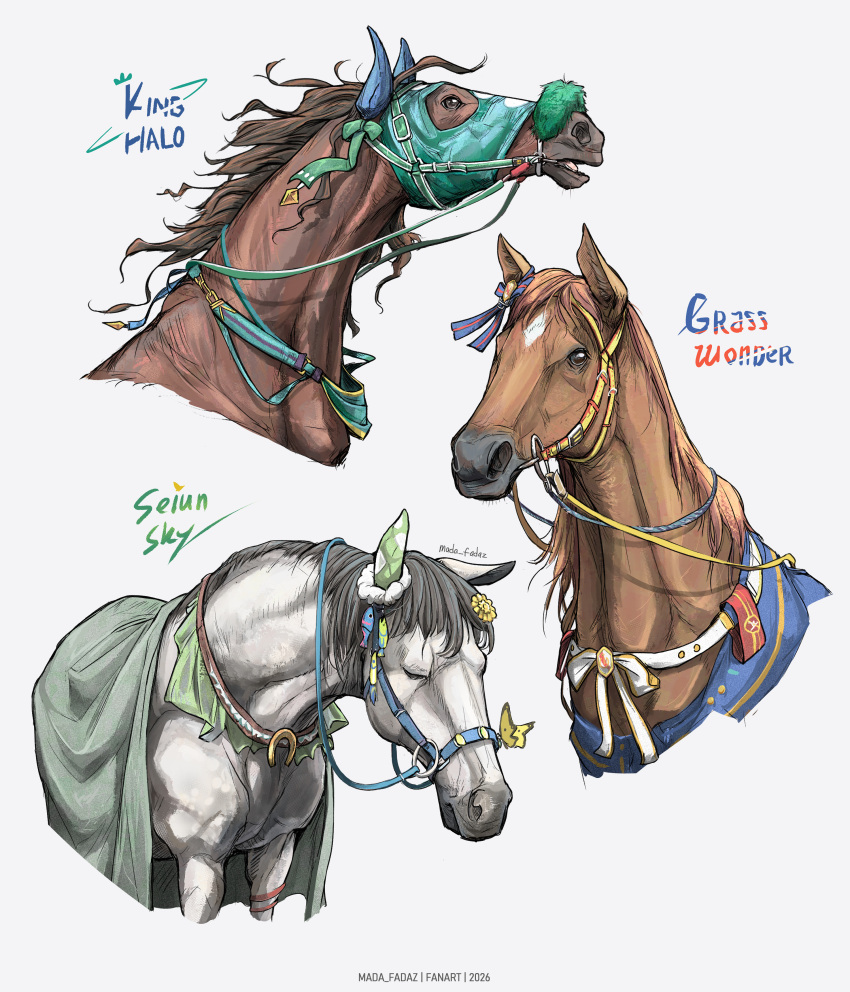 absurdres, animal, animal_focus, blanket, bow, brown_horse, bug, butterfly, character_name, commentary, ear_bow, ear_covers, ear_ribbon, english_commentary, flower, grass_wonder_(racehorse), grass_wonder_(umamusume), green_bow, hair_flower, hair_ornament, highres, horse, king_halo_(racehorse), king_halo_(umamusume), mada_fadaz, mask, no_humans, real_life, reins, seiun_sky_(racehorse), seiun_sky_(umamusume), single_ear_cover, sunflower, sunflower_hair_ornament, umamusume