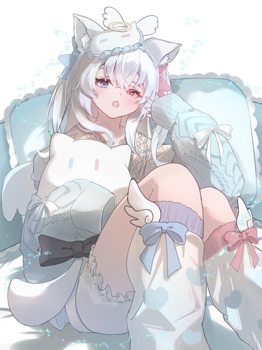 1girl, animal_ear_fluff, animal_ears, aqua_cardigan, aqua_socks, blue_eyes, blue_ribbon, blush