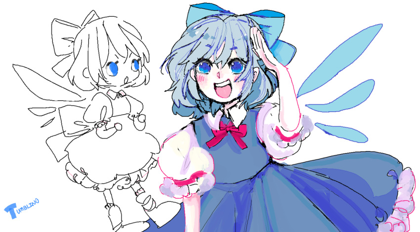 1girl, back_bow, blue_dress, blue_hair, blush, bow, bowtie, cirno