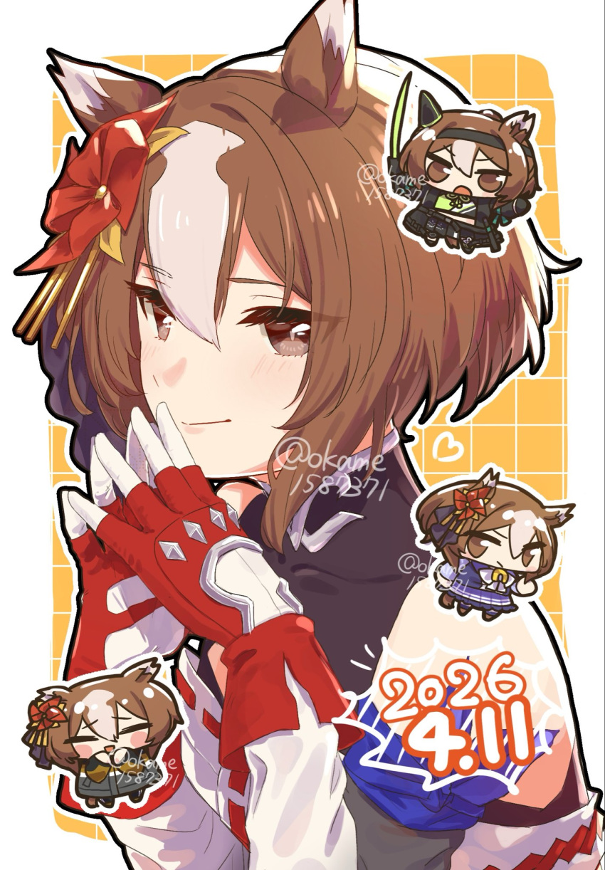 1girl, animal_ears, artist_name, bare_shoulders, brown_eyes, brown_hair, bukeo, chibi