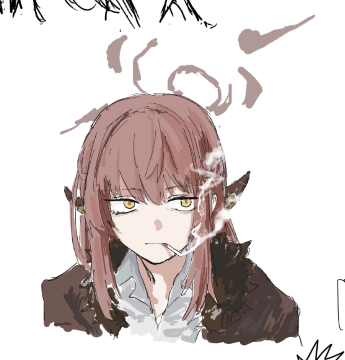 1girl, aru_(blue_archive), bags_under_eyes, black_coat, blue_archive, cigarette, coat, collared_shirt