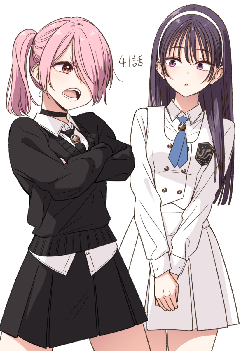 2girls, angry, black_choker, black_hair, black_necktie, black_shirt, black_skirt, blue_necktie, brown_eyes, chapter_number, choker, commentary_request, confused, copyright_name, cropped_legs, crossed_arms, hair_between_eyes, hairband, highres, houryuu_shiori, idol_x_idol_story!, jacket, long_hair, long_sleeves, looking_at_another, multiple_girls, narrowed_eyes, necktie, official_art, open_mouth, own_hands_together, pink_hair, ponytail, purple_hair, shirt, side_ponytail, simple_background, skirt, standing, straight_hair, thick_eyelashes, todoroki_urara, tokunou_shoutarou, violet_eyes, white_background, white_hairband, white_shirt, white_skirt