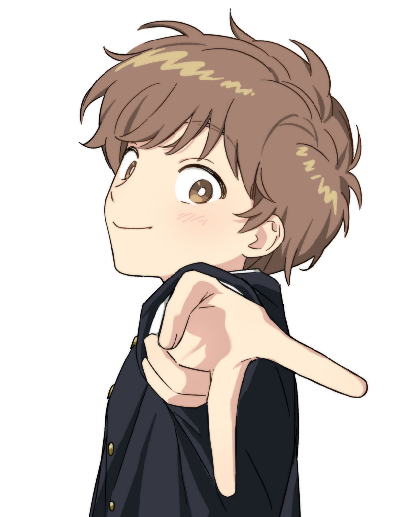 1boy, blush, brown_eyes, brown_hair, buttons, closed_mouth, commentary, from_side, gakuran, ganbare!_nakamura-kun!!, highres, hirose_aiki, looking_at_viewer, male_focus, rabbit_whatever, school_uniform, short_hair, simple_background, smile, solo, untranslatable_commentary, upper_body, v, white_background