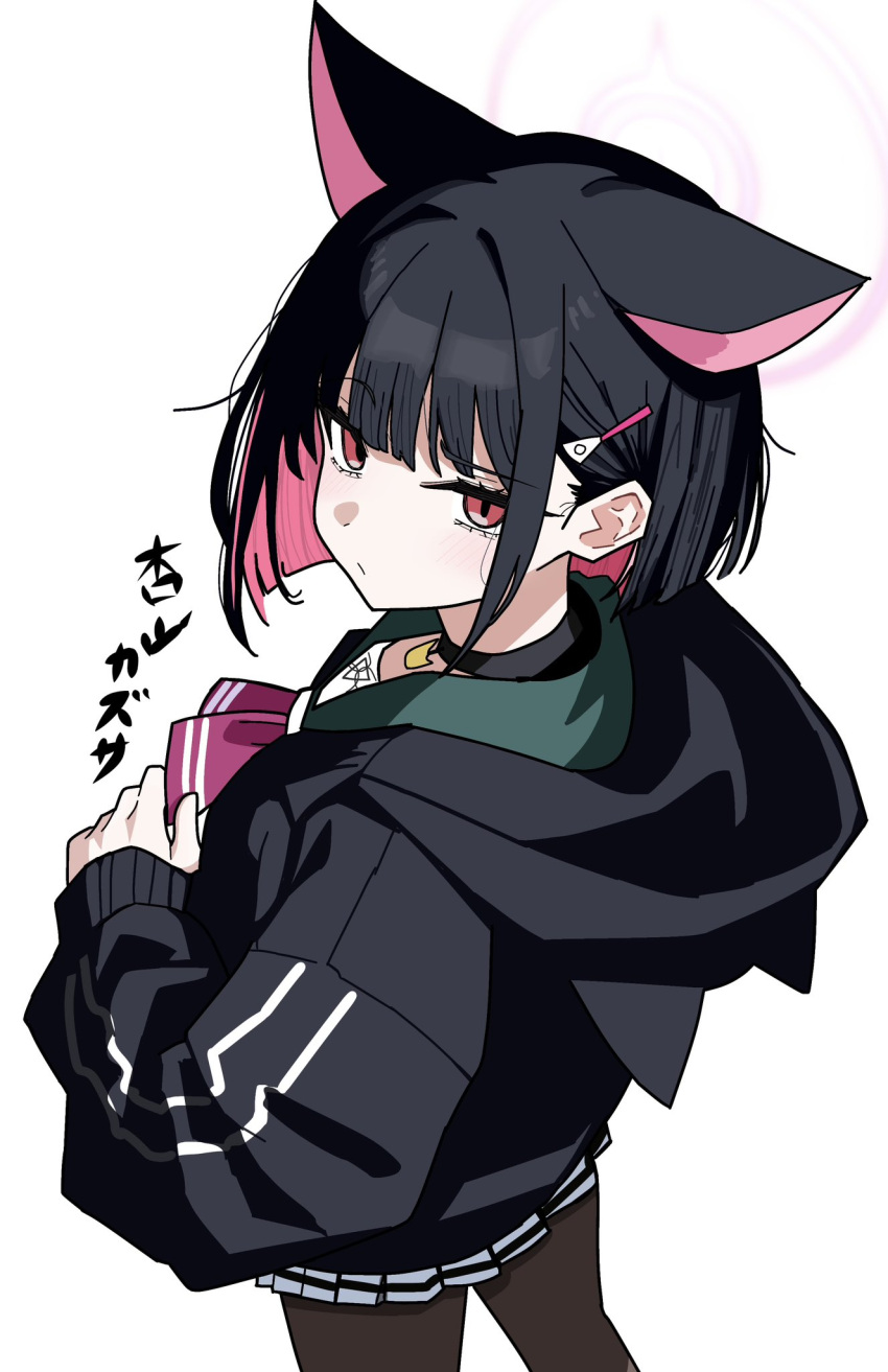 1girl, animal_ears, black_choker, black_hair, black_hoodie, blue_archive, blush, cat_choker