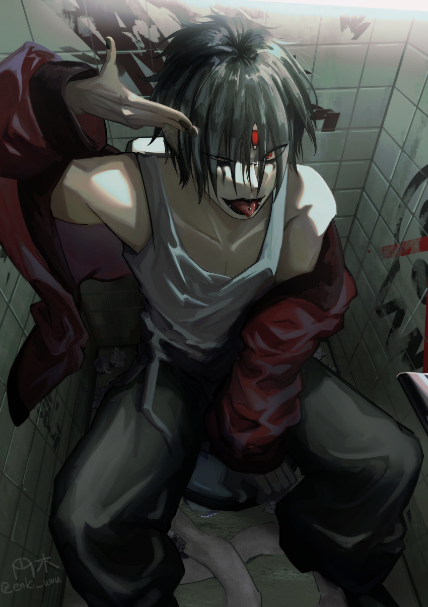 1boy, absurdres, asura_(soul_eater), baggy_pants, bare_shoulders, black_hair, black_nails, black_pants