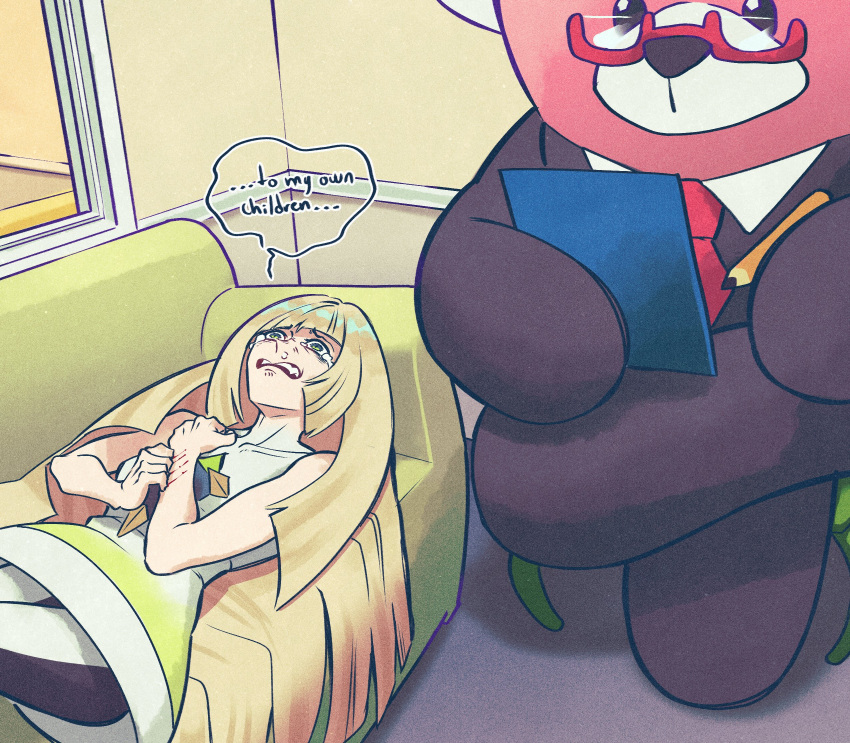 1girl, andrich_galam, bewear, black_leggings, blonde_hair, breasts, clipboard, couch