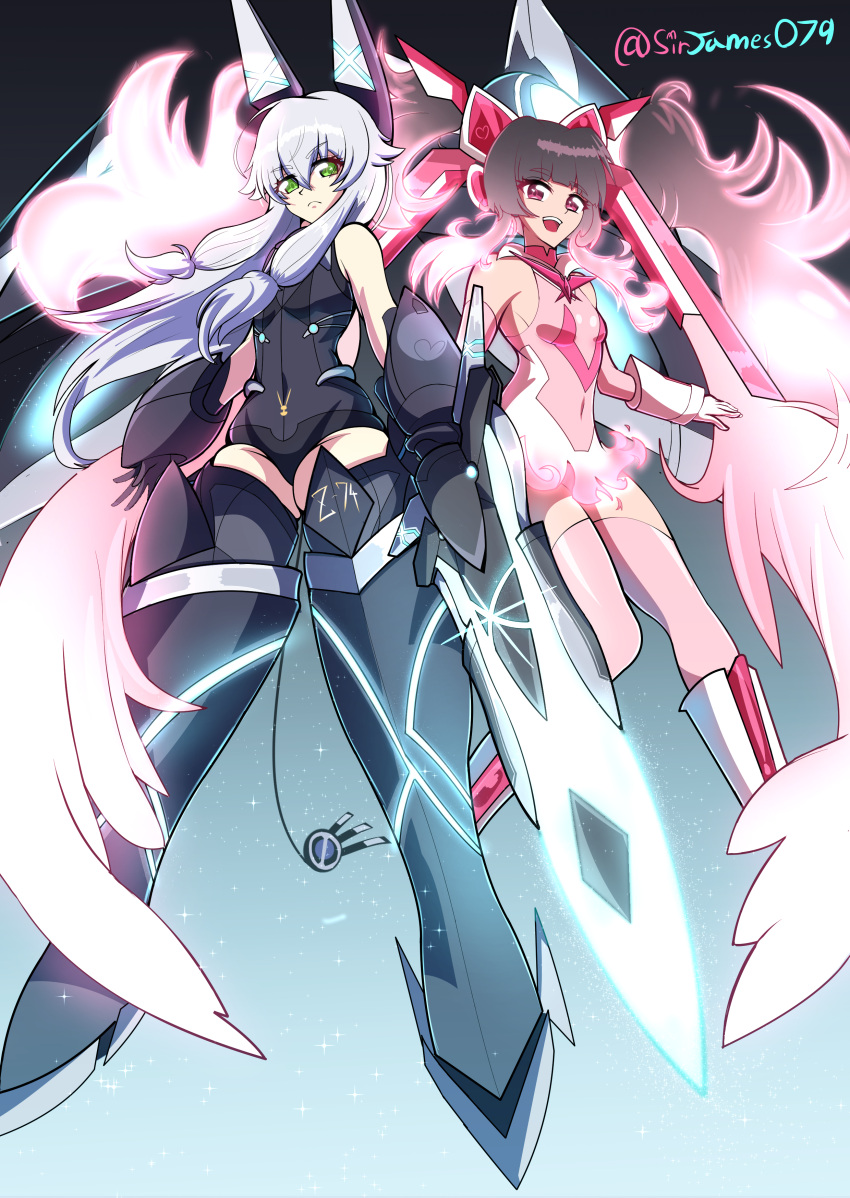 2girls, absurdres, altina_orion, commentary, crossover, eiyuu_densetsu, english_commentary, green_eyes