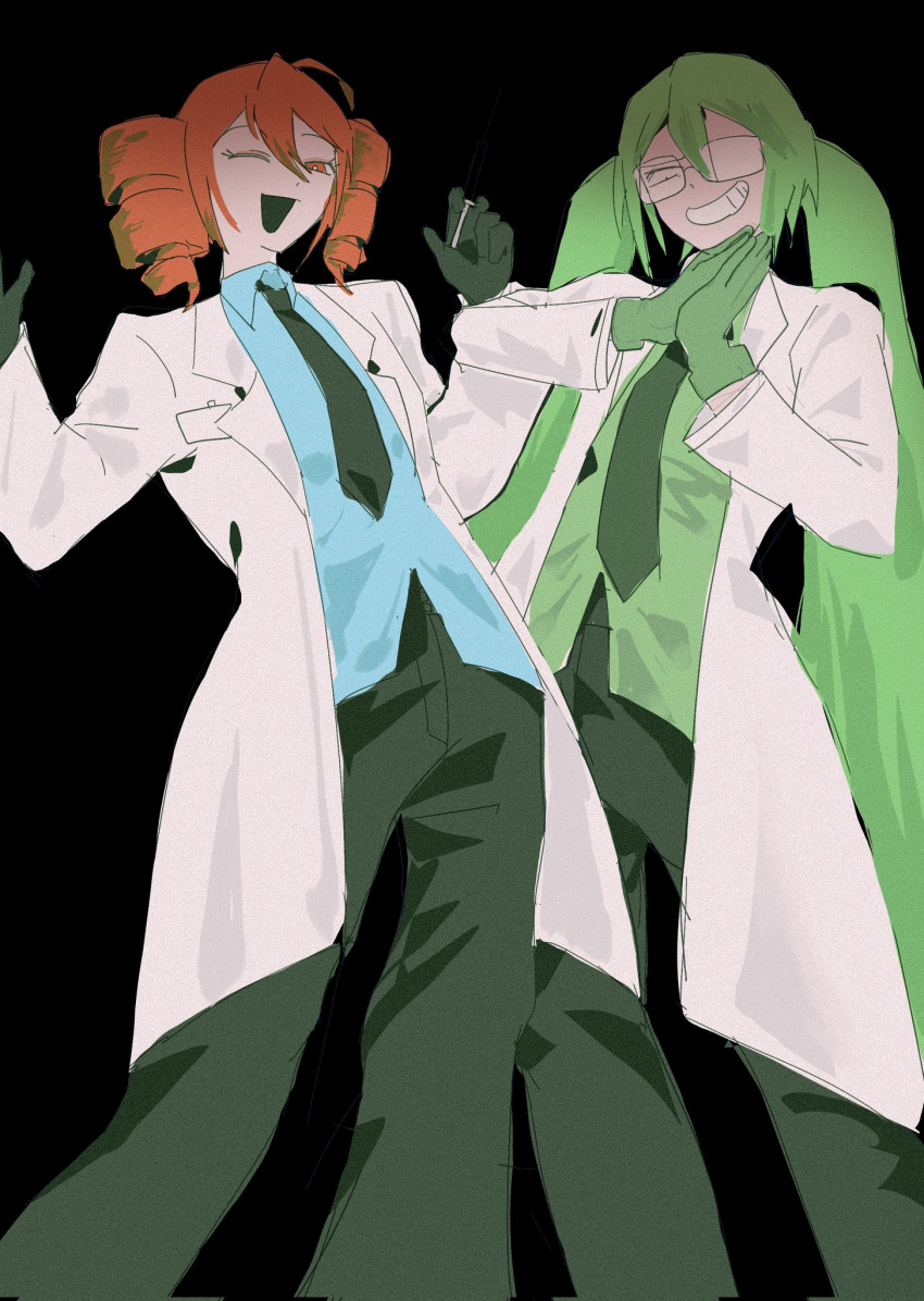 2girls, coat, collared_shirt, drill_hair, from_below, gifted_(vocaloid), glasses, gloves