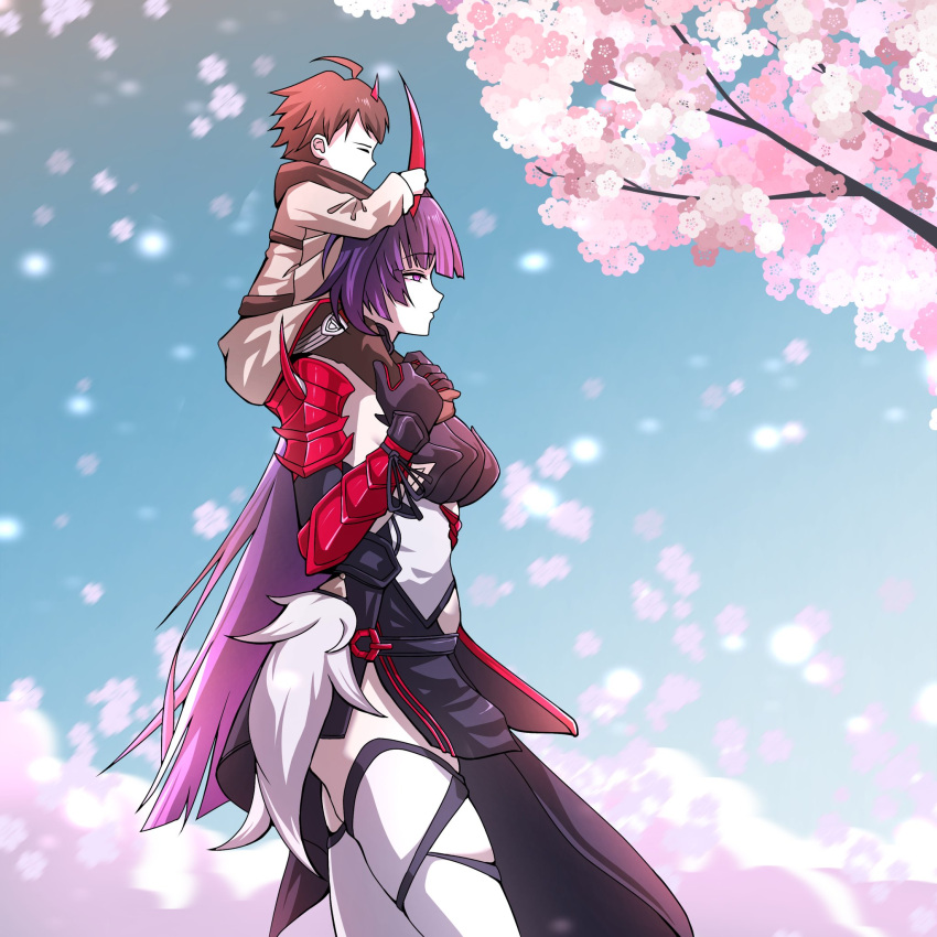 1boy, 1girl, adam_(honkai_impact), ahoge, armor, artist_request, black_gloves, blue_sky