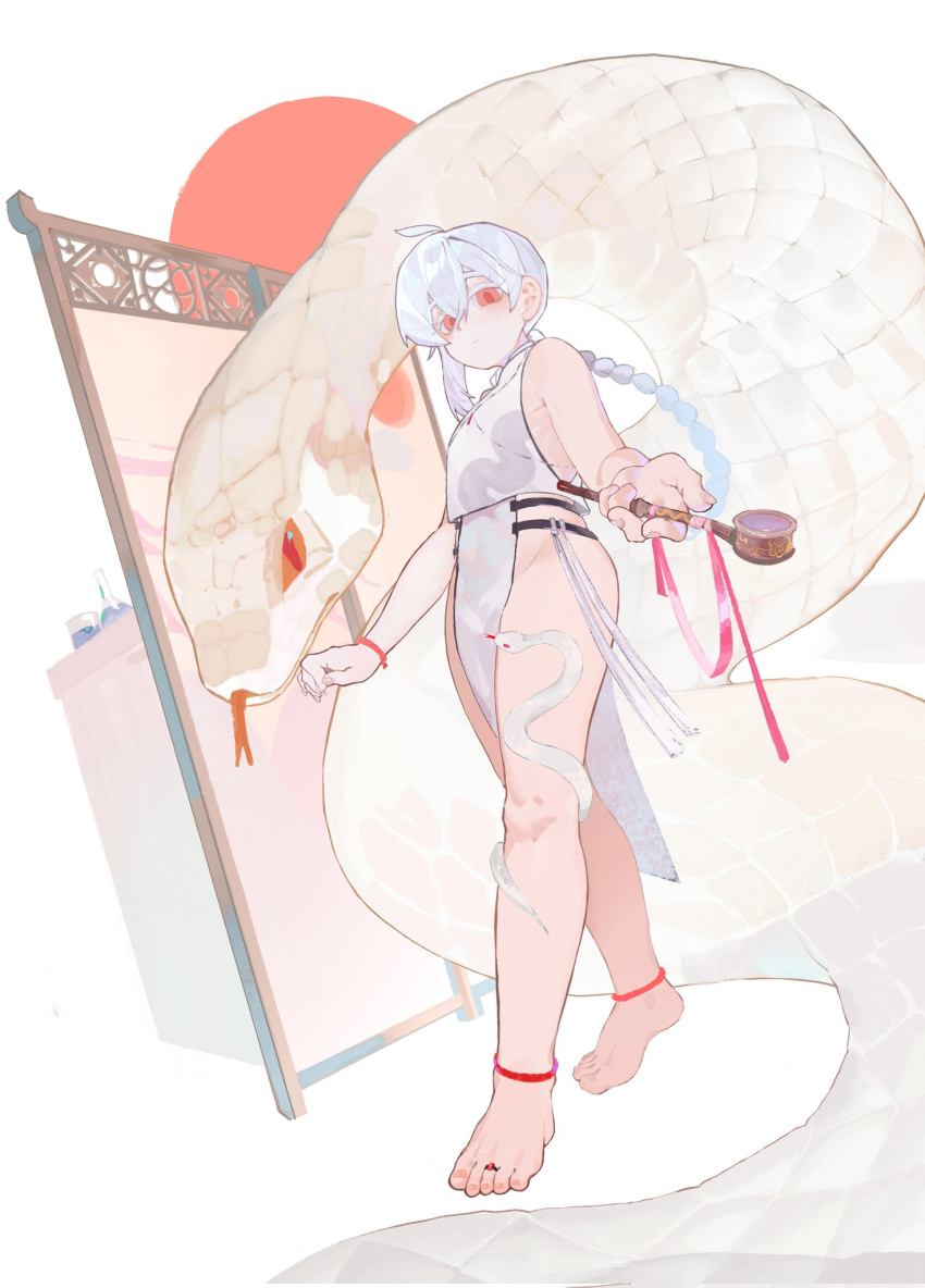 1boy, animal_on_leg, anklet, bare_legs, barefoot, china_dress, chinese_clothes, chinese_zodiac