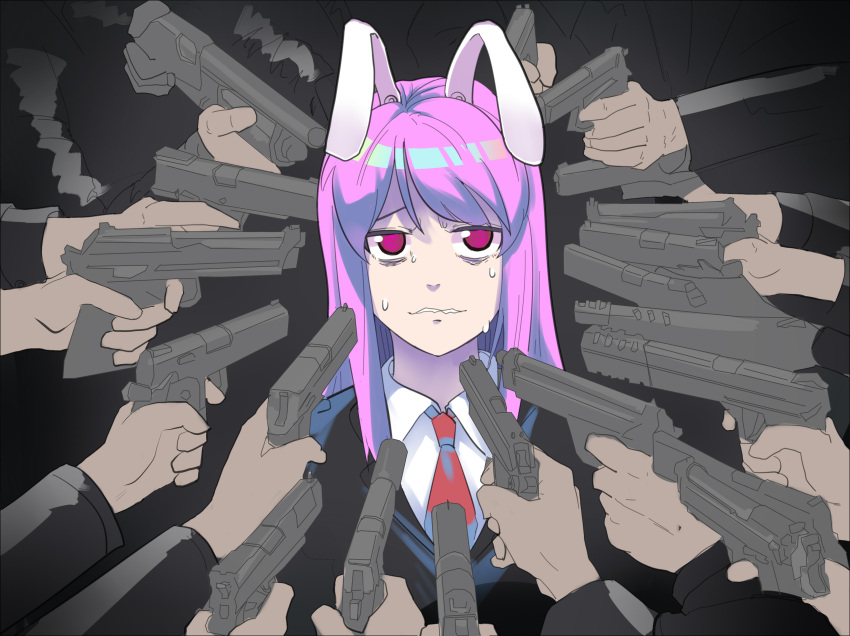 1girl, 6+others, absurdres, animal_ears, black_jacket, collared_shirt, commentary, gun
