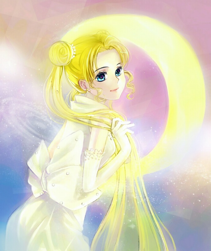 bishoujo_senshi_sailor_moon, blonde_hair, blue_eyes, bow, crescent_moon, double_bun, dress, earrings