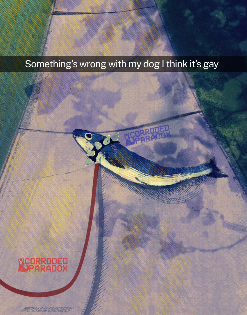collar, commentary, corrodedparadox, english_commentary, english_text, fish, highres, leash