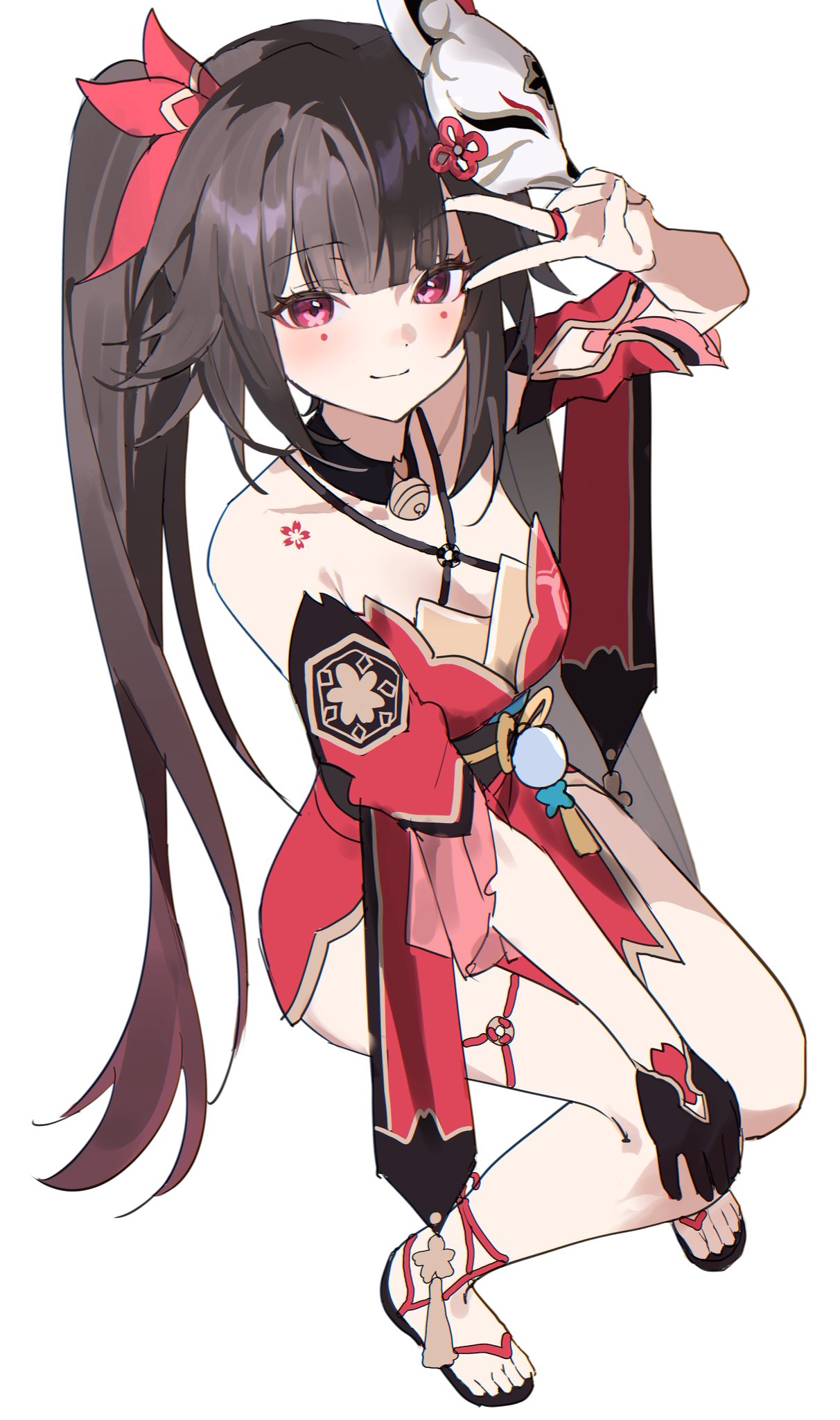 1girl, bare_shoulders, bell, black_choker, black_gloves, brown_hair, butterfly-shaped_pupils, choker