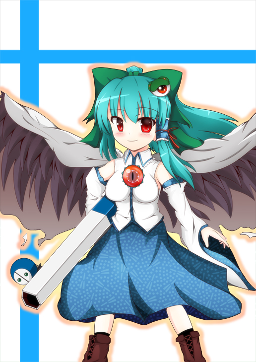 adapted_costume, alternate_hairstyle, blush, boots, breasts, cannon, cape, cosplay, detached_sleeves, frog, fusion, hair_ornament, hair_tubes, kochiya_sanae, long_hair, red_eyes, reiuji_utsuho, reiuji_utsuho_(cosplay), skirt, smile, solo, third_eye, touhou, wings, yakkom