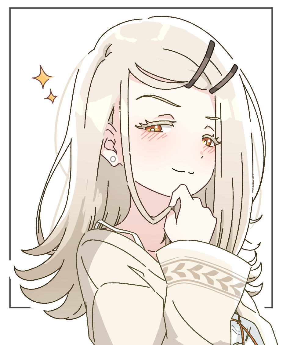 1girl, :3, black_border, blonde_hair, blush, border, closed_mouth, colored_eyelashes
