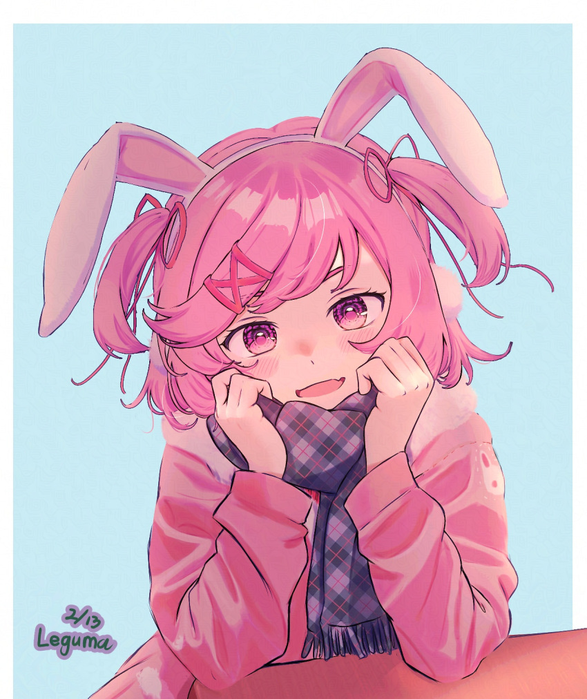 1girl, :d, animal_ears, artist_name, blush, commentary_request, doki_doki_literature_club, fake_animal_ears, fang, hair_ornament, hairclip, highres, jacket, leguma, long_sleeves, medium_hair, natsuki_(doki_doki_literature_club), pink_eyes, pink_hair, pink_jacket, plaid_clothes, plaid_scarf, rabbit_ears, scarf, skin_fang, smile, solo, twintails