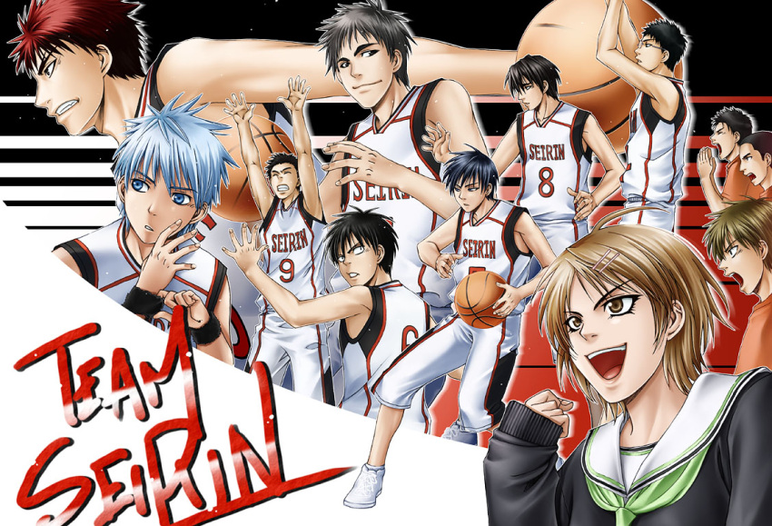 aida_riko, angry, blue_eyes, blue_hair, brown_eyes, brown_hair, cheering, glasses