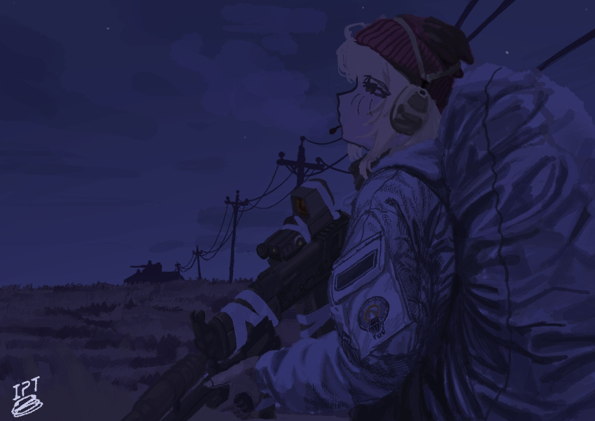1girl, armored_personnel_carrier, armored_vehicle, artist_name, assault_rifle, backpack, bag, beanie