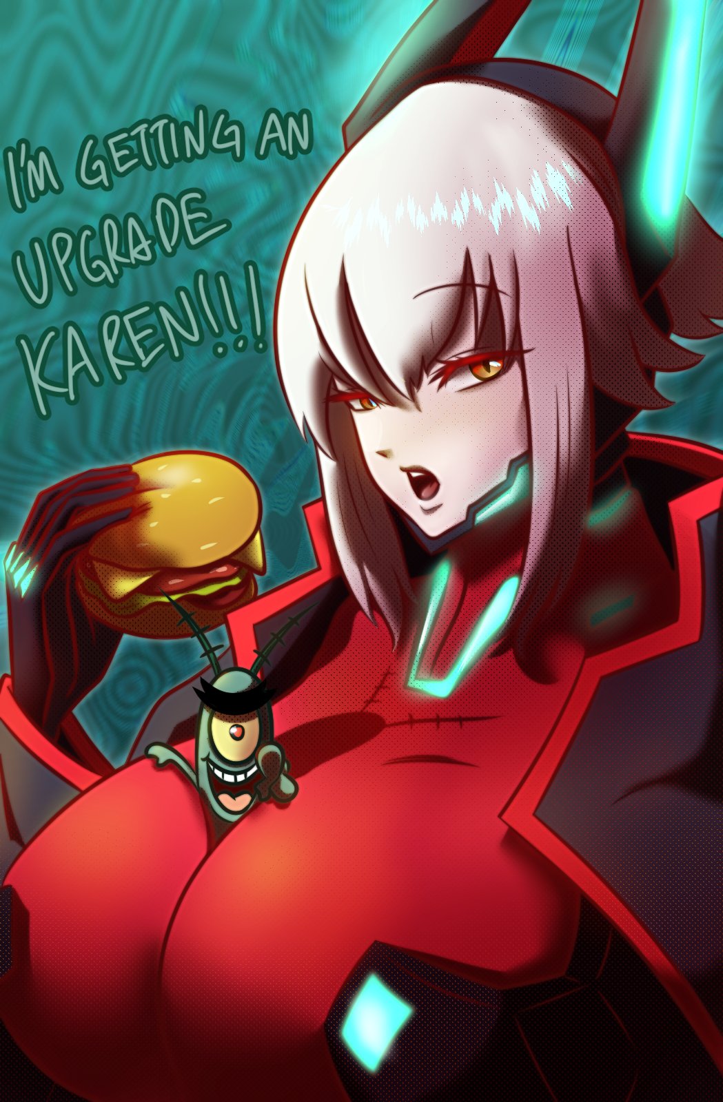 1boy, 1girl, antennae, between_breasts, black_gloves, bodysuit, breasts, burger