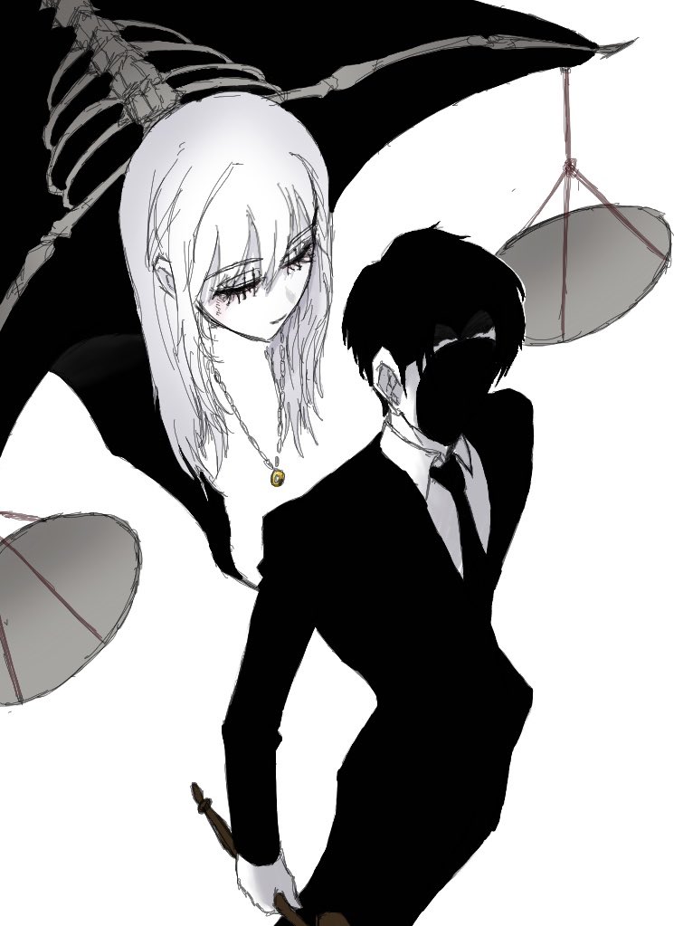 1boy, 1girl, angelica_(project_moon), black_mask, collared_shirt, cosplay, from_above, gavel, hair_between_eyes, holding_gavel, jacket, jewelry, judgeman_(jujutsu_kaisen), judgeman_(jujutsu_kaisen)_(cosplay), jujutsu_kaisen, library_of_ruina, long_hair, mask, necklace, necktie, project_moon, roland_(project_moon), sansan375223, shirt, short_hair, stitched_eye, suit, suit_jacket, weighing_scale