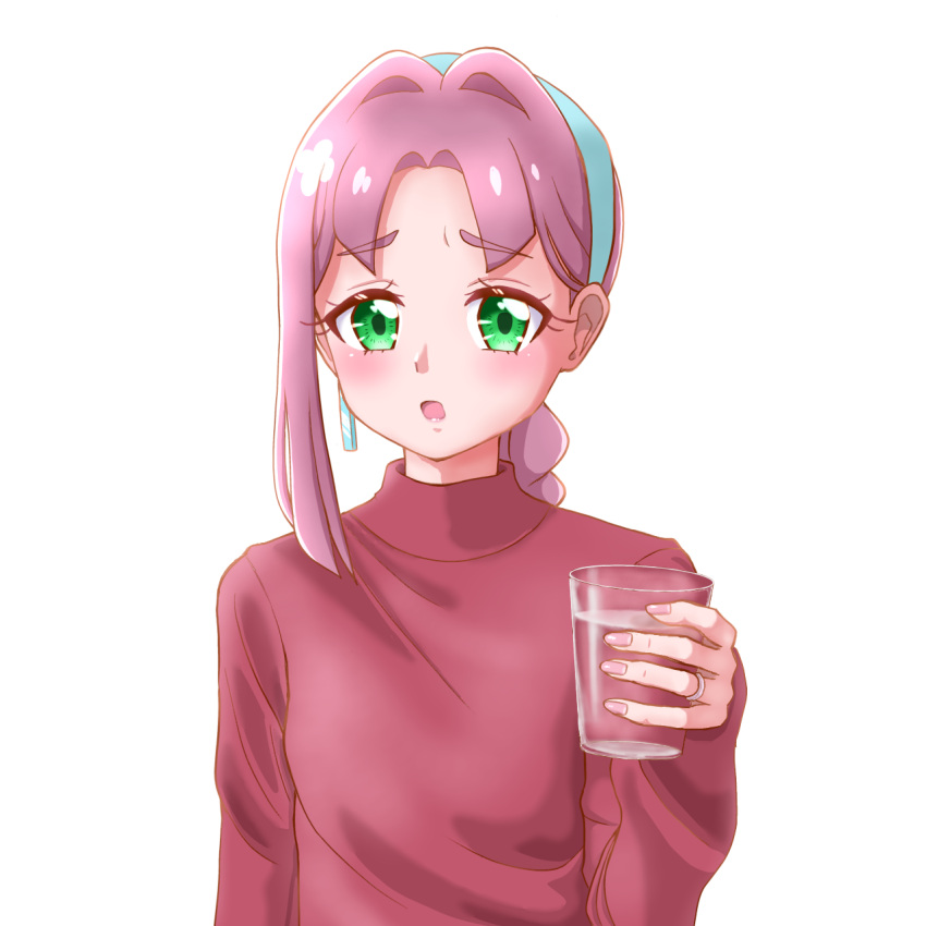 1girl, akechi_anna's_mother, blue_hairband, braid, braided_ponytail, commentary, cup, drinking_glass