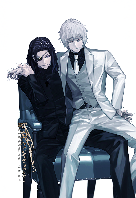 2boys, arm_around_neck, arm_up, black_hair, black_jacket, black_pants, black_shirt, black_suit