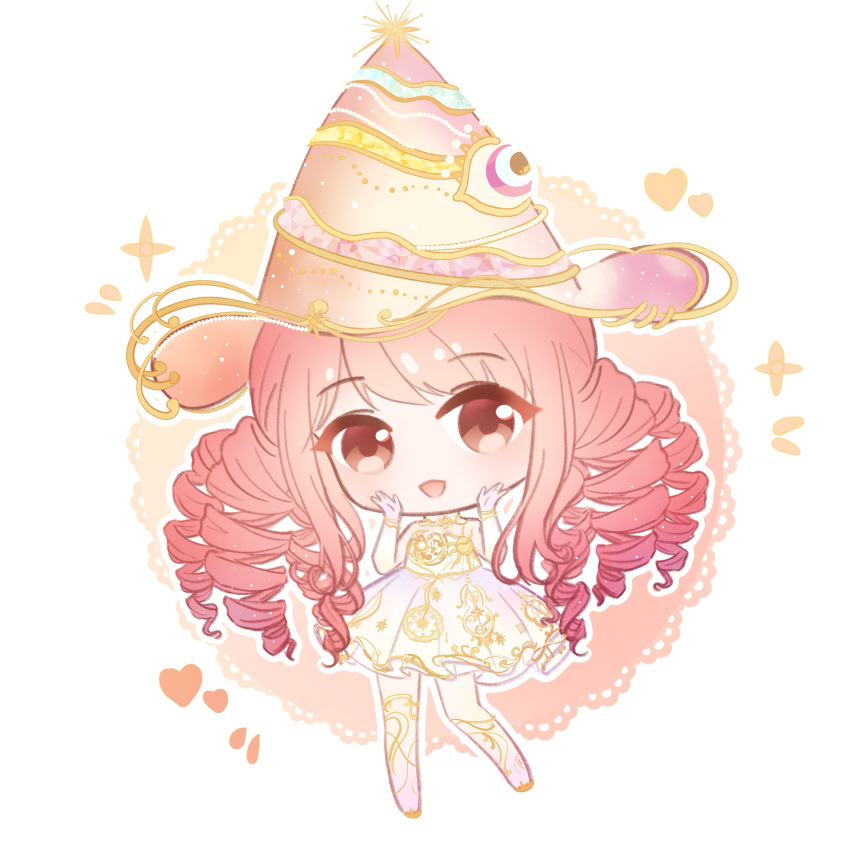 1girl, absurdres, bare_shoulders, bracelet, brown_eyes, chibi, chinese_commentary, clock_print, commentary_request, covenant_of_time_(infinity_nikki), disembodied_eye, dress, drill_hair, eyelashes, gold_bracelet, gold_necklace, gradient_hat, gradient_pantyhose, hands_on_own_cheeks, hands_on_own_face, happy, hat, hat_ornament, heart, hexagram, highres, infinity_nikki, jewelry, lace_background, light_blush, long_hair, looking_at_viewer, muyuan714, necklace, nikki_(nikki), nikki_(series), official_alternate_color, open_mouth, orange_hat, outline, pantyhose, pink_dress, pink_hair, pink_hat, pink_pantyhose, pleated_dress, print_dress, shoes, short_dress, smile, solo, sparkle, star_(symbol), star_hat_ornament, strapless, strapless_dress, two-tone_hat, two-tone_pantyhose, white_background, white_outline, white_pantyhose, wizard_hat, yellow_shoes