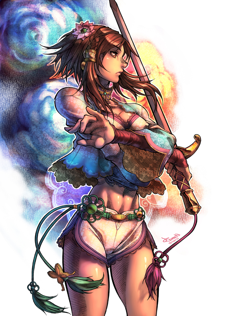 artist_request, brown_eyes, brown_hair, chai_xianghua, choker, eon_forgery, flower, hair_ornament