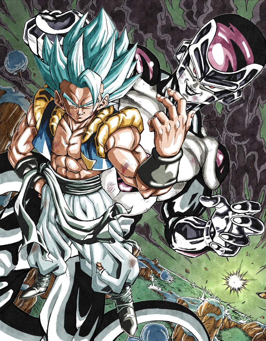 2boys, absurdres, black_frieza, black_skin, blue_eyes, blue_hair, blue_vest, breakintheh