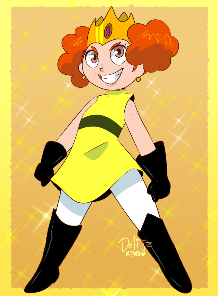 1girl, afro_puffs, artist_name, black_boots, black_gloves, boots, brown_eyes, child