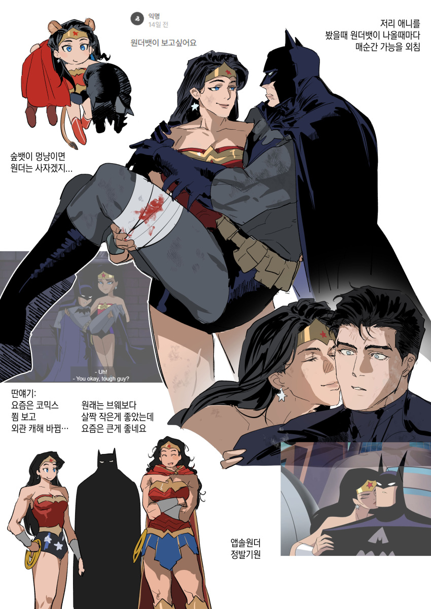 1boy, 2girls, absurdres, assertive_female, bat_mask, batman, batman_(series), batman_symbol